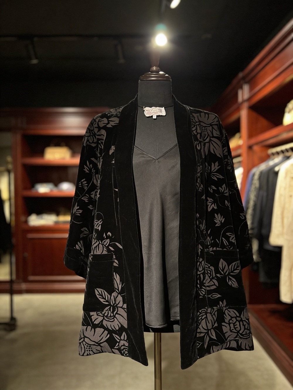 Johnny Was Black Velvet Floral Open Jacket